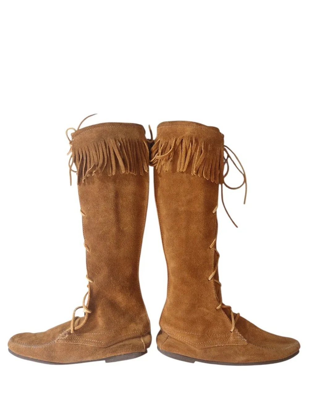 Minnetonka Chestnut Suede Fringed Lace-Up Knee-High Boots